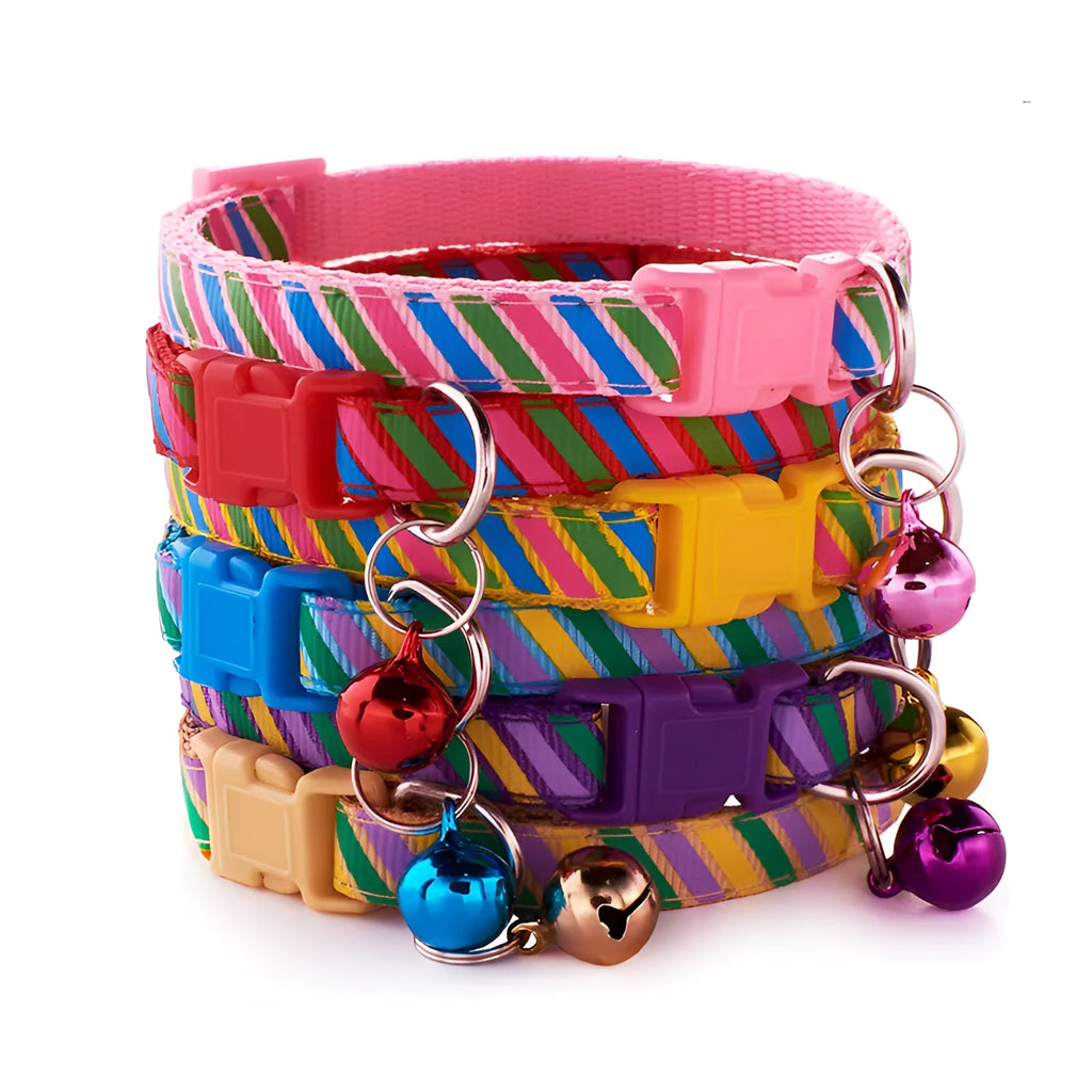 Twill printed cloth pet collar with bell, 1.0cm wide, adjustable 19-32cm, available in blue, orange, pink, purple, red, yellow