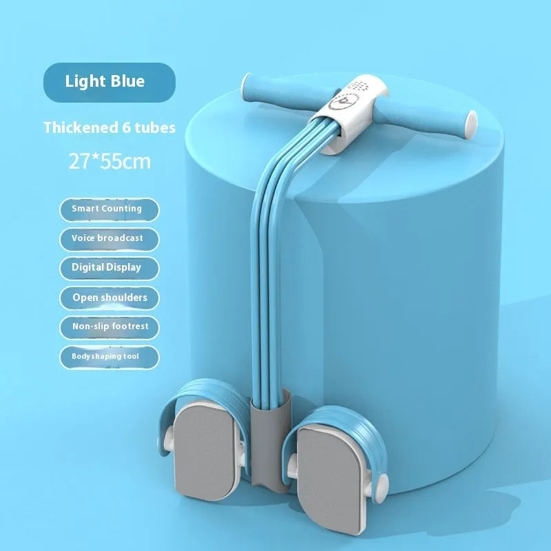Blue portable intelligent foot pedal pull device for home fitness on a wooden floor.