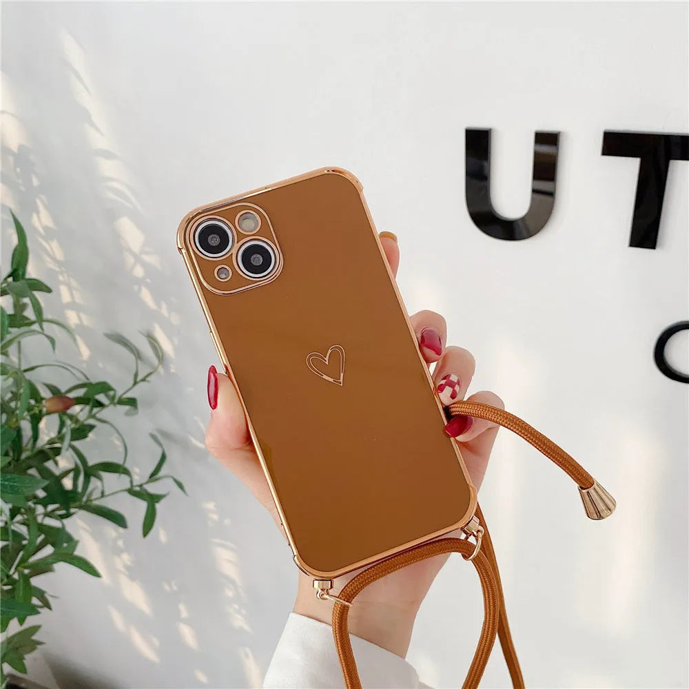 Electroplating hollow love TPU phone case with grey lanyard for iPhone 12