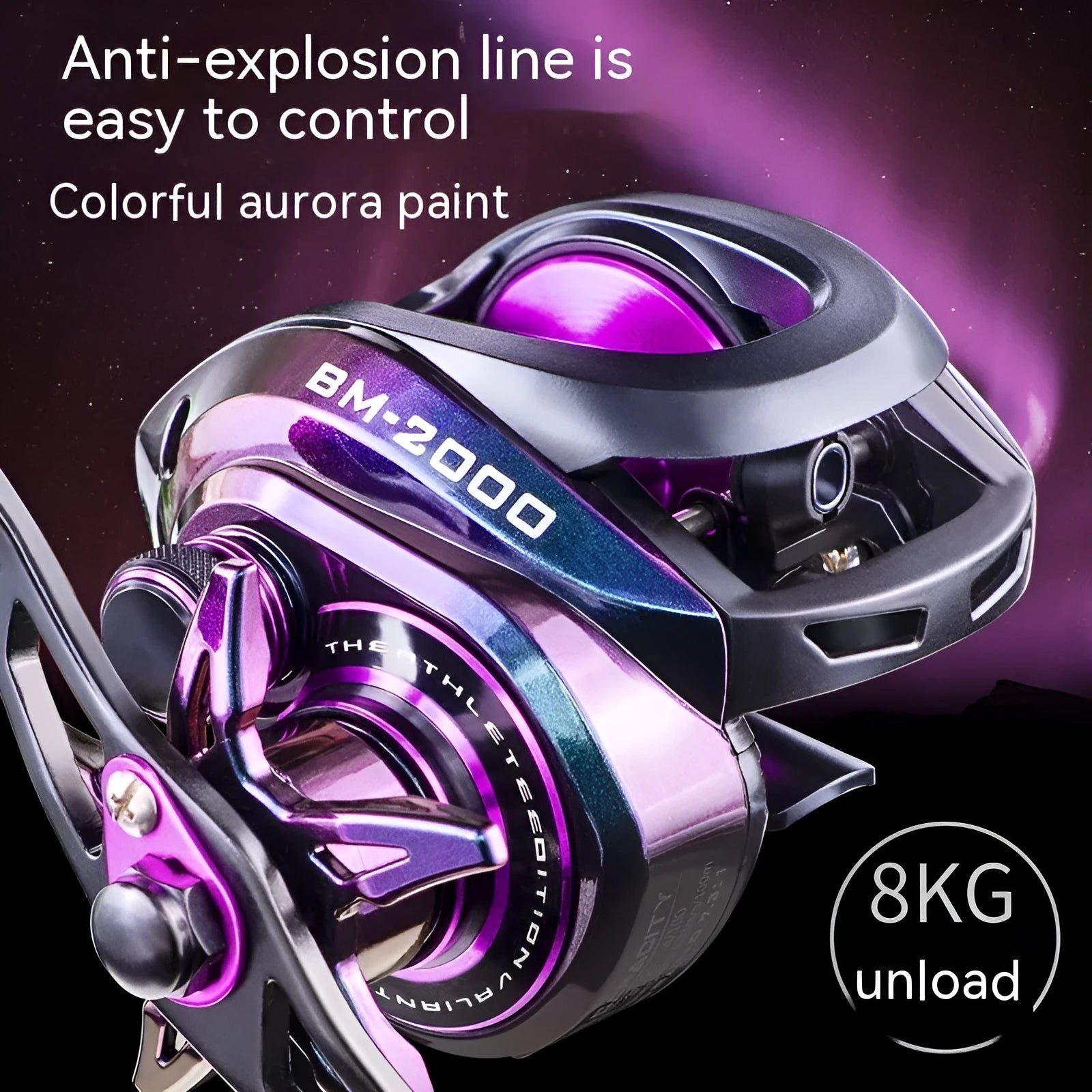 BM2000 model fishing reel showing left-hand and right-hand retrieve options with magnet brake system.