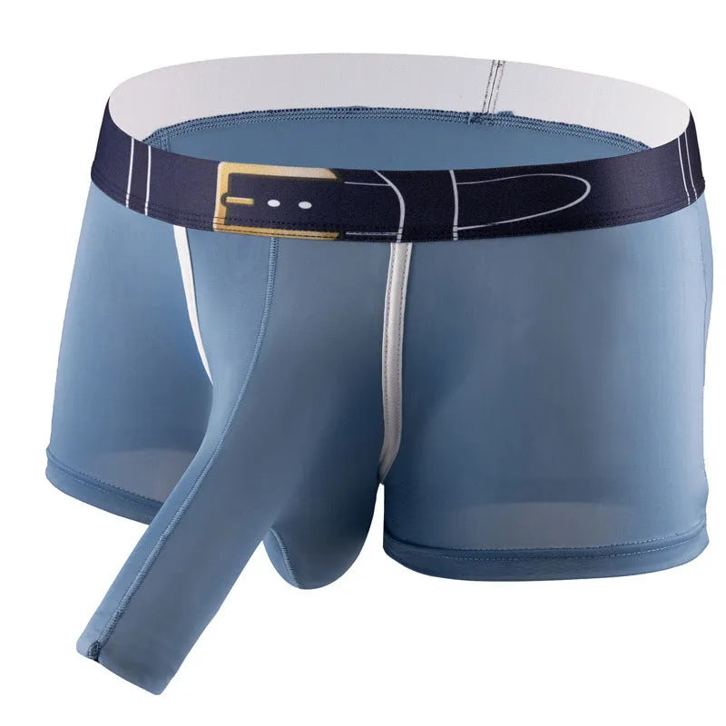 Men's solid colour Ice Silk boxer shorts laid flat, showing mid-waist design in one of six available colours.