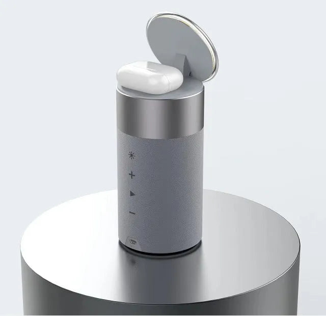 3-in-1 multi-function wireless charger Bluetooth speaker with touch lamp and phone holder for iPhone and AirPods in Gold