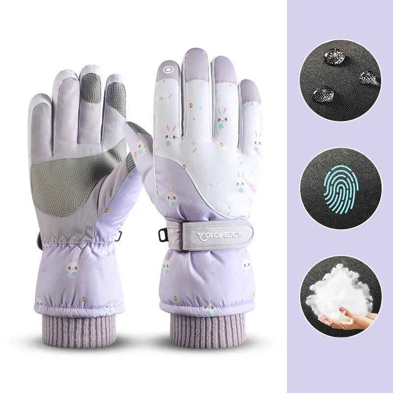 Snowflake cartoon print winter gloves, touchscreen and waterproof, one size, nylon with anti-skid palm