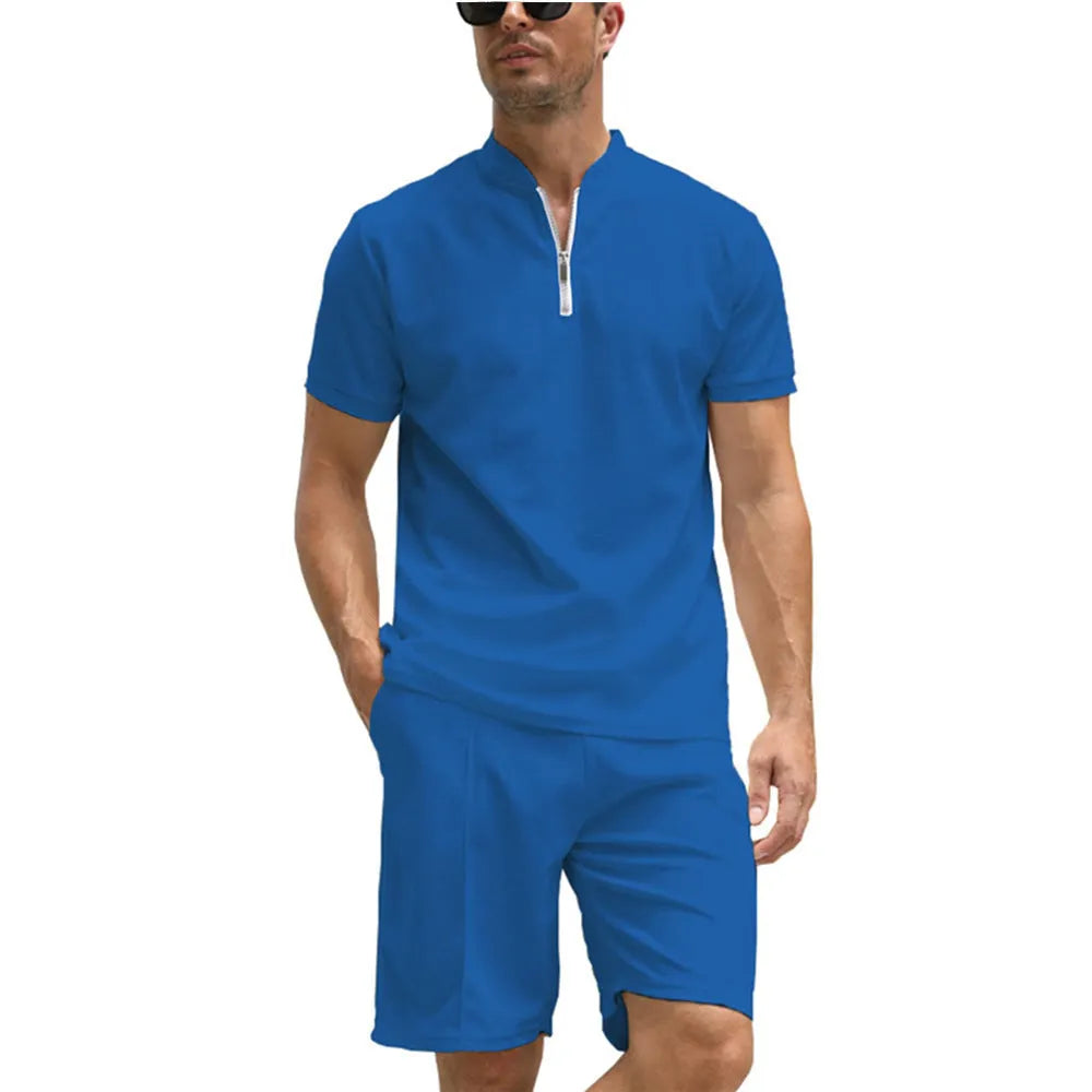 Men's solid colour polo shirt and trousers two-piece set in polyester fabric