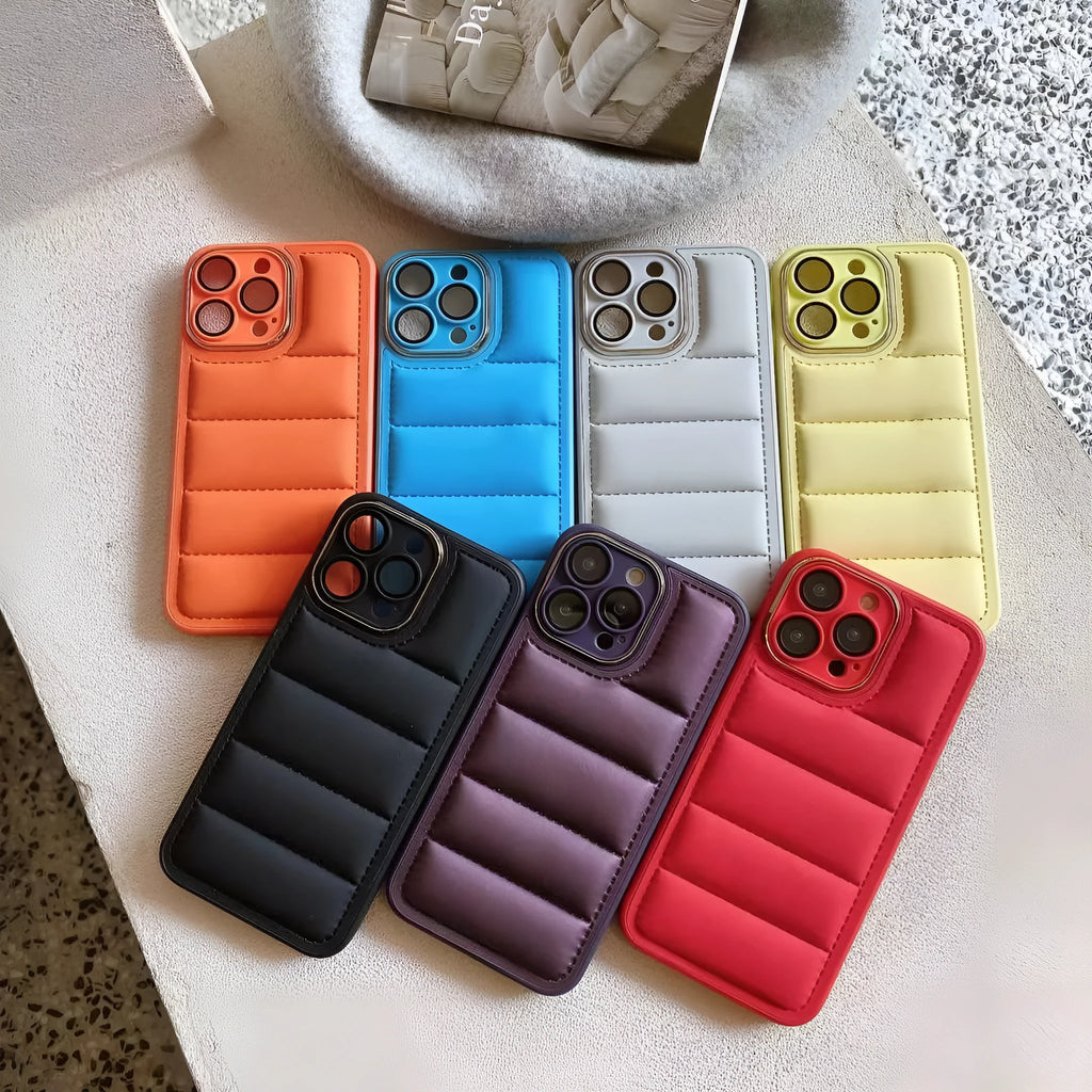 Cotton filled down jacket phone case for Apple iPhone in imitation leather for fall prevention, multiple colours