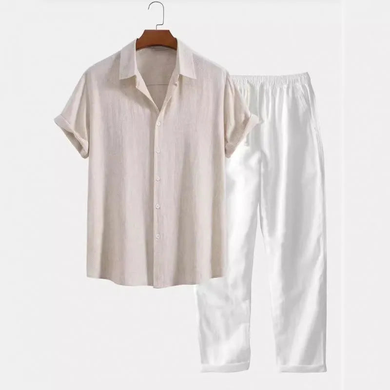 Men's casual linen blend short sleeve shirt and full-length trousers set on a hanger.