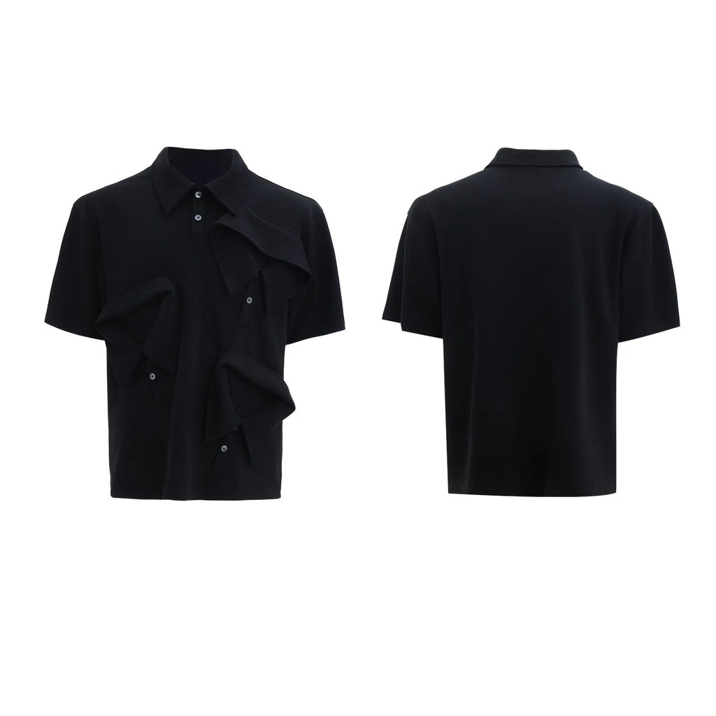Men's loose deconstructed collar polo shirt with geometric pattern in black.