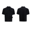 Men's loose deconstructed collar polo shirt with geometric pattern in black.