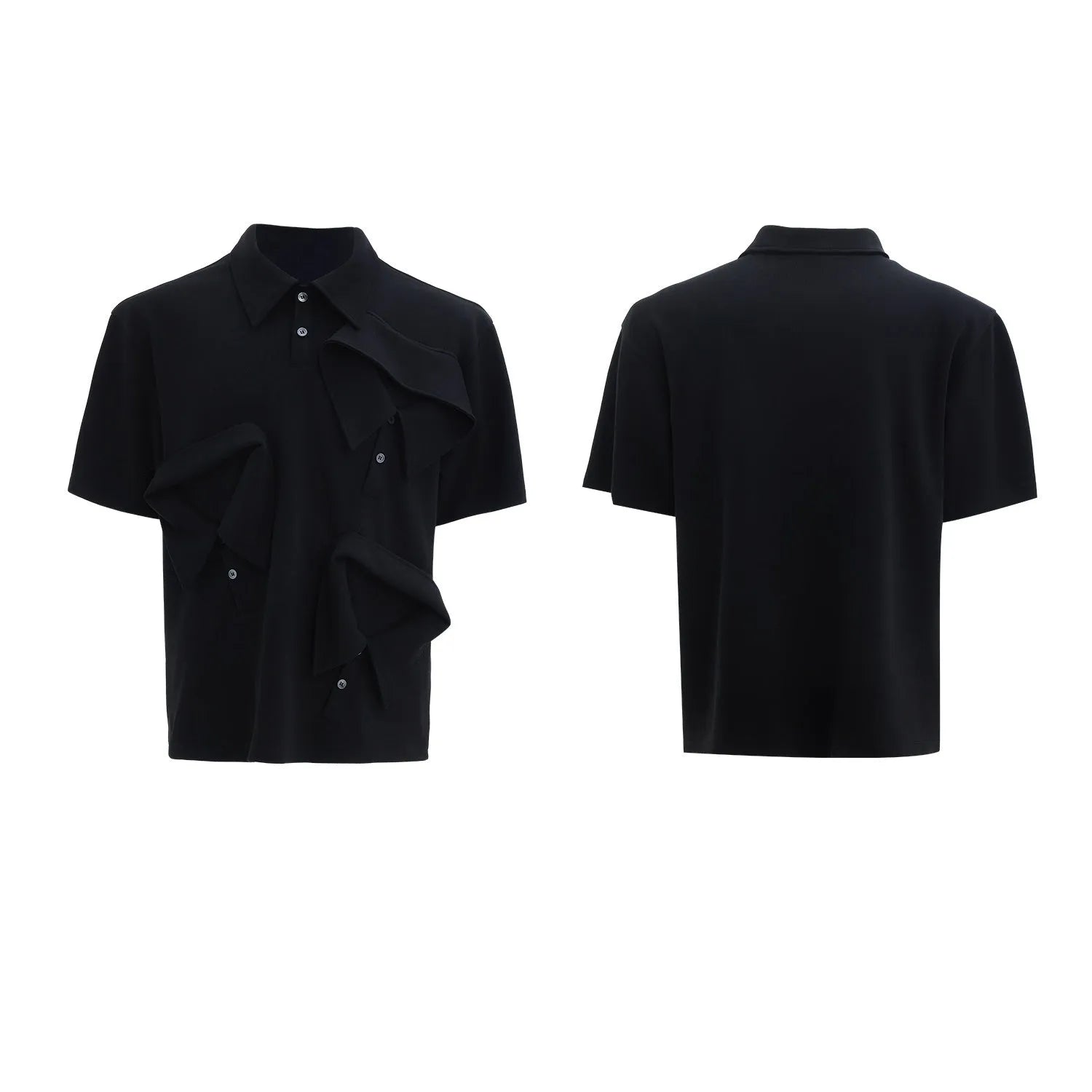 Men's loose deconstructed collar polo shirt with geometric pattern in black.
