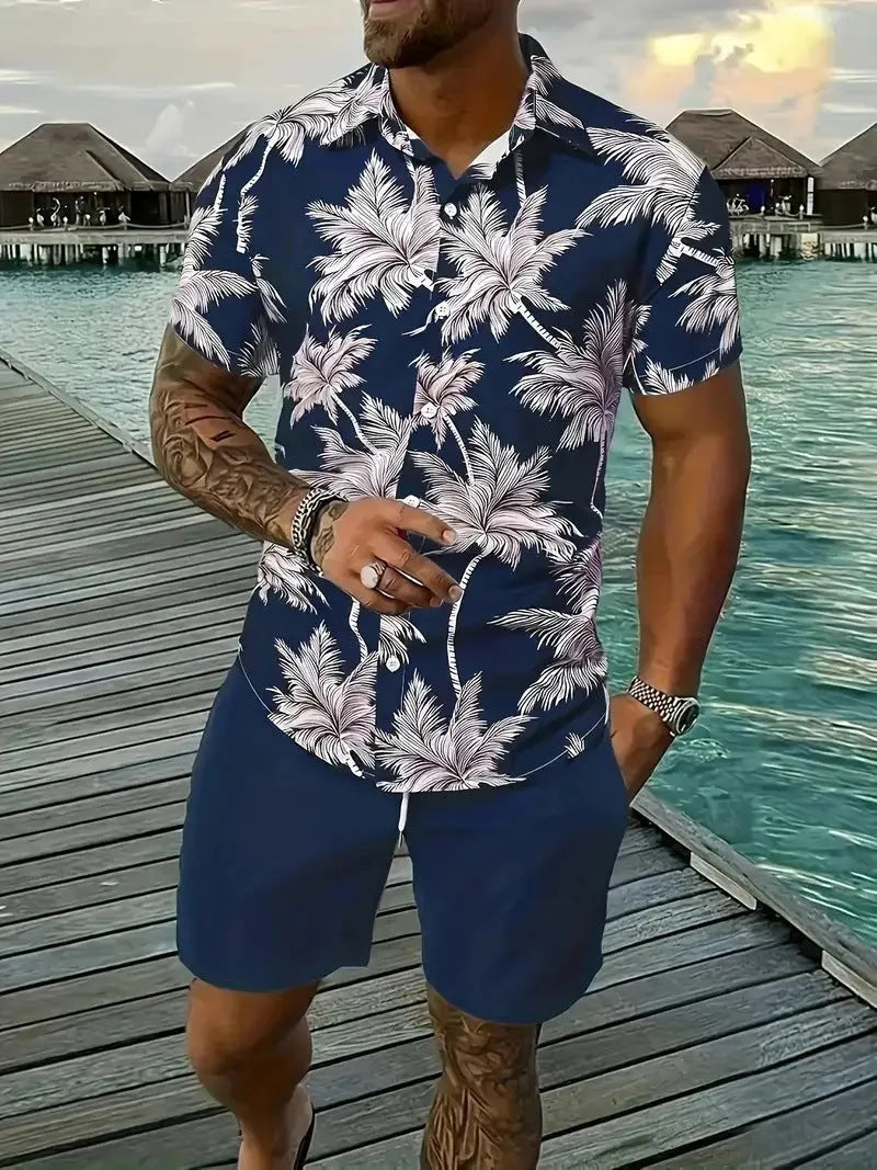 Men's 3D printed Hawaiian style short sleeve shirt and shorts set in polyester fabric.