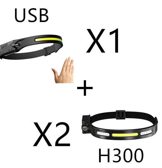 Black silicone USB rechargeable LED headlamp with side wave sensor, showing wide beam and long-range lighting.