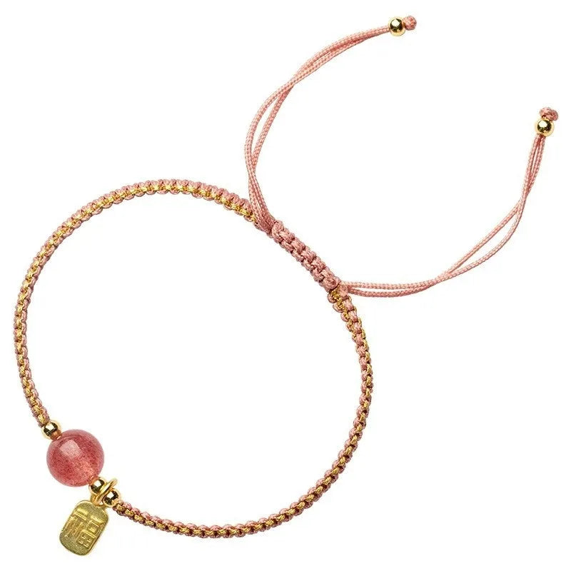 Adjustable red rope bracelet with strawberry quartz gemstones in traditional Chinese style