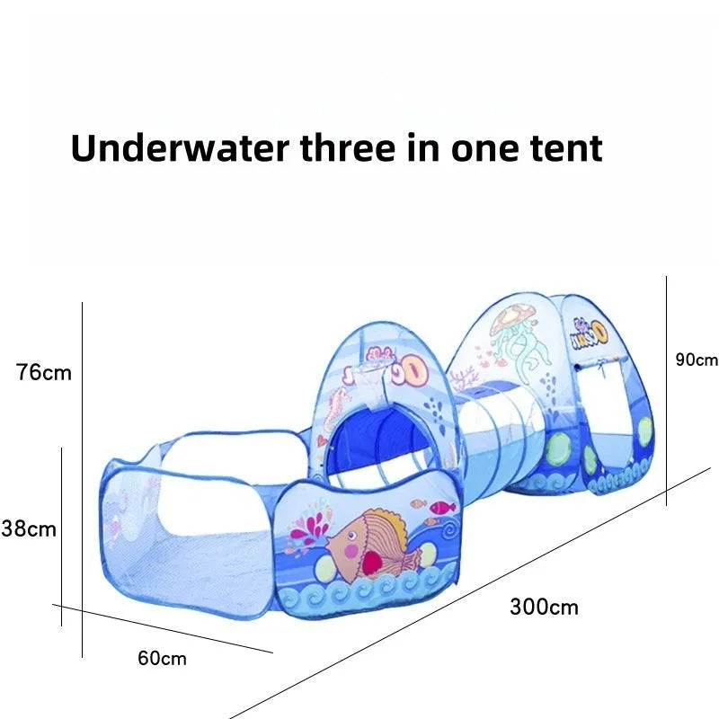 Cartoon themed three-in-one children's play tent with ball pool and tunnel