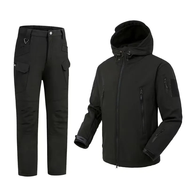 Men's soft shell camouflage jacket in black, grey, green or khaki with fleece lining, windproof waterproof, sizes S-XXXL, includes pants.
