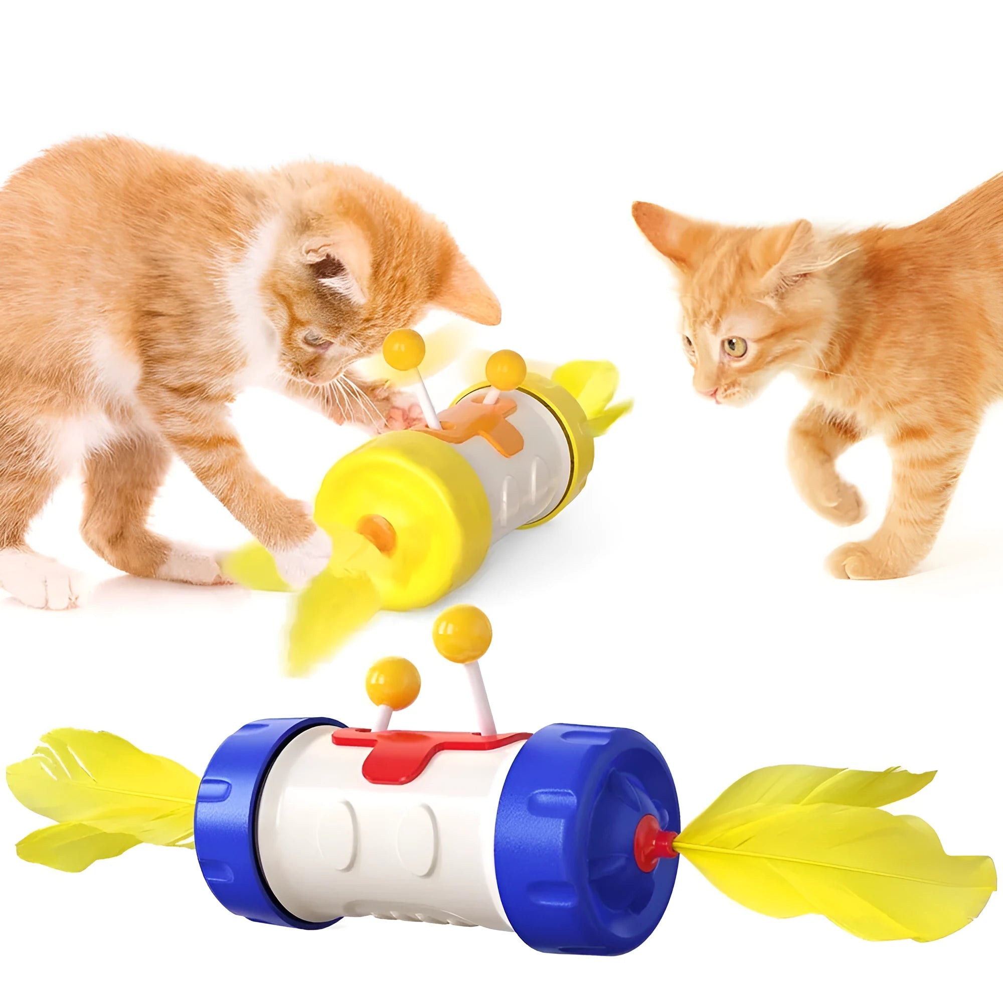 Colourful interactive cat toy with feather ball, stick pole, and tumbler on a flat surface.
