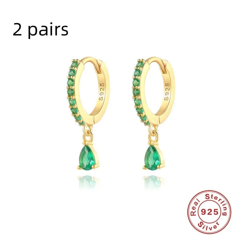 S925 sterling silver geometric water drop earrings with electroplated finish and stone accents