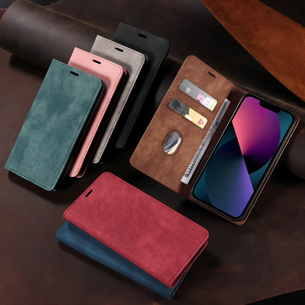 Magnetic flip leather phone case for iPhone in assorted solid colours, showing closed and open views.