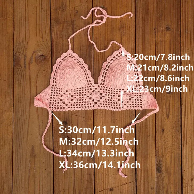 Women's backless acrylic swimsuit top in various colours on a size chart