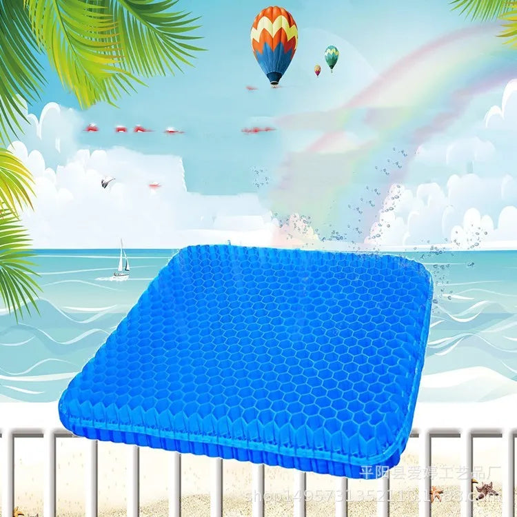 Solid colour gel seat cushion with honeycomb cooling design shown on a chair.