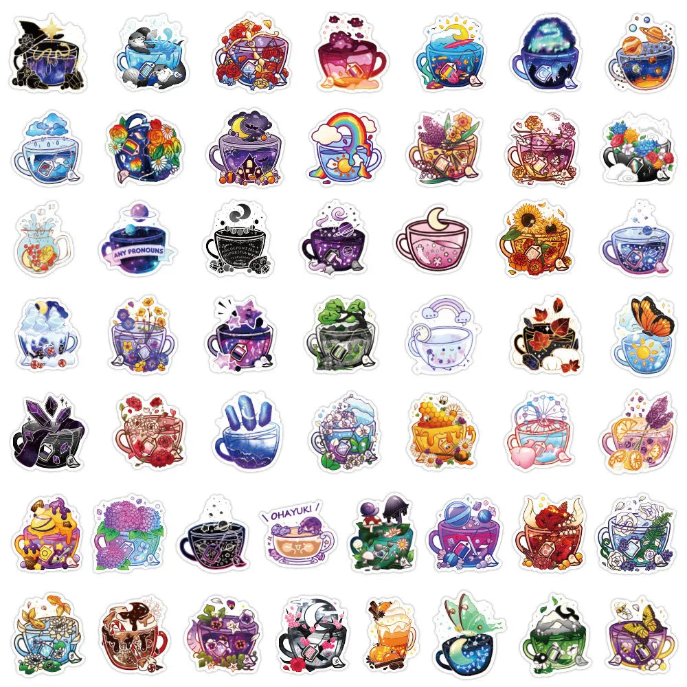 Pack of 50 colourful tea cup graffiti waterproof stickers in Nordic style for DIY luggage and scooter decoration.