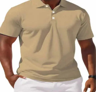 Man wearing a slim-fit solid colour short sleeve button-up casual shirt in a cotton blend fabric.