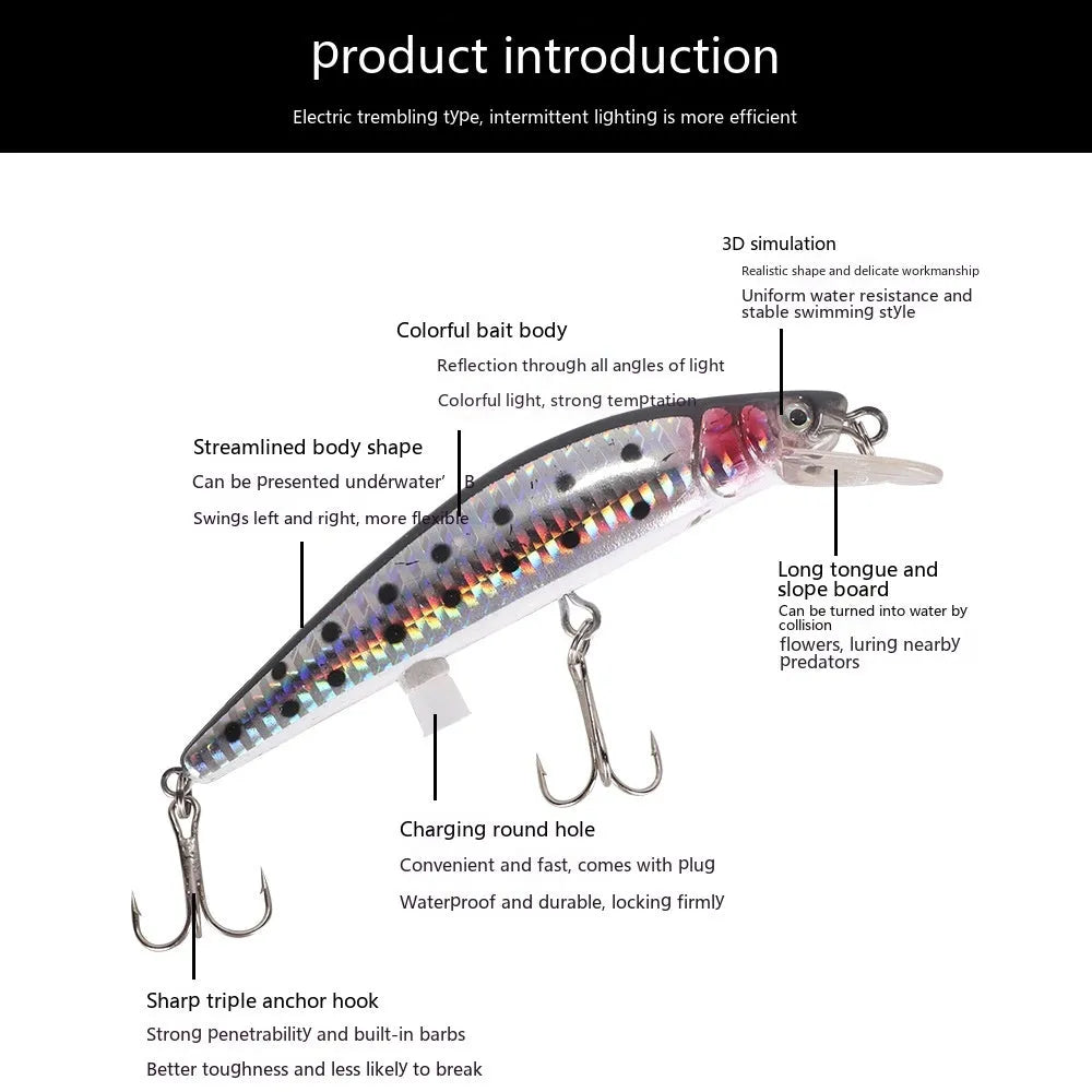 Colourful floating electric fishing bait with USB charger for night fishing applications