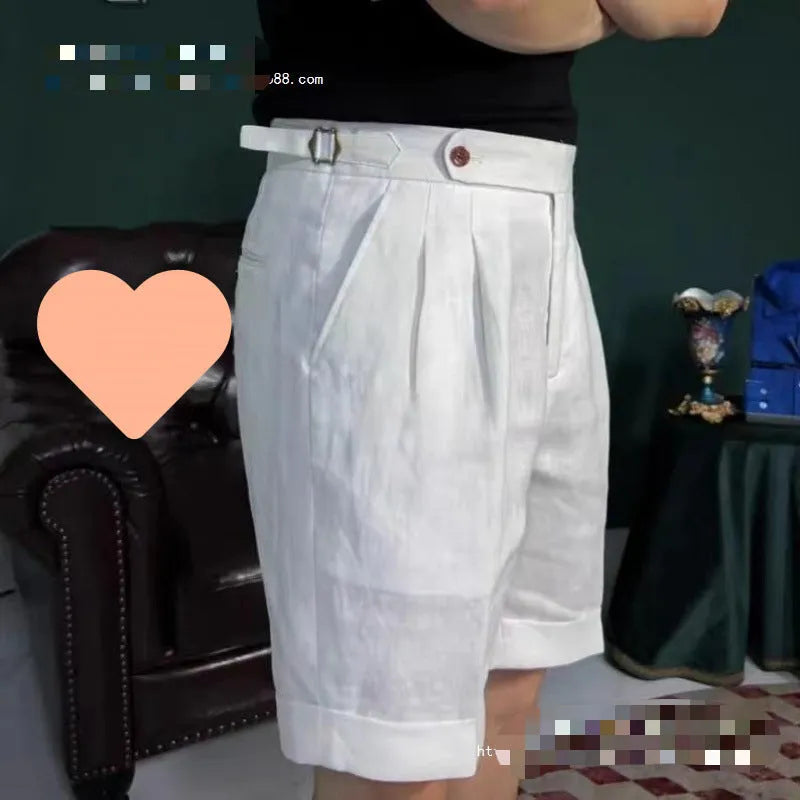 Men's linen blend double waist cuffed shorts in white, side view showing cuffed hem and relaxed fit