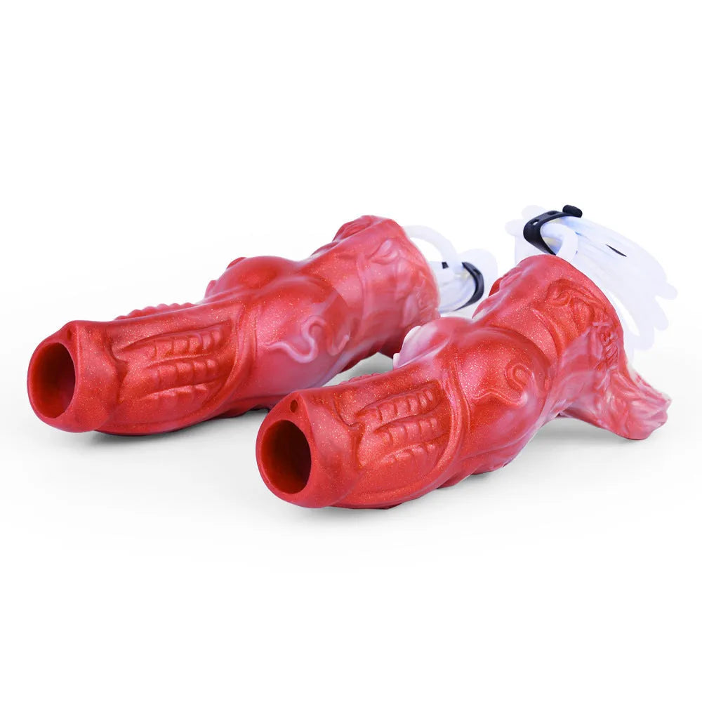 Silicone water spray exotic condom toy with manual control and accessories in two size options