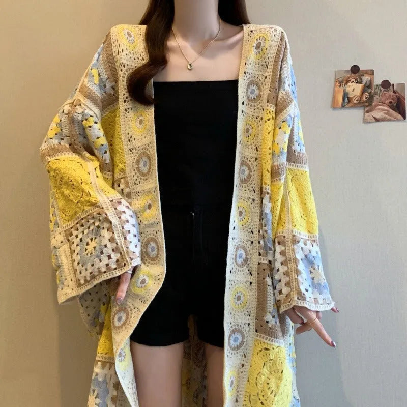 Loose crocheted hollow out sweater coat cardigan with geometric pattern in Lotus Root colour, polyester fibre, medium length 65cm