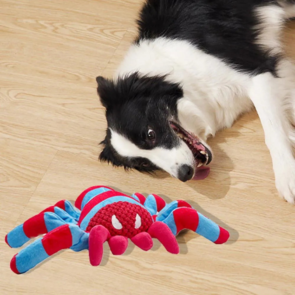 Red soft plush dog toy with squeaker for medium and large breed chewing and interactive play