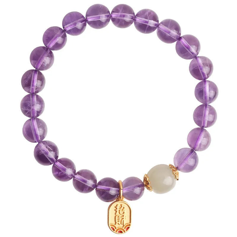 Women's amethyst geometric crystal bracelet with 8mm beads and national style ornamentation
