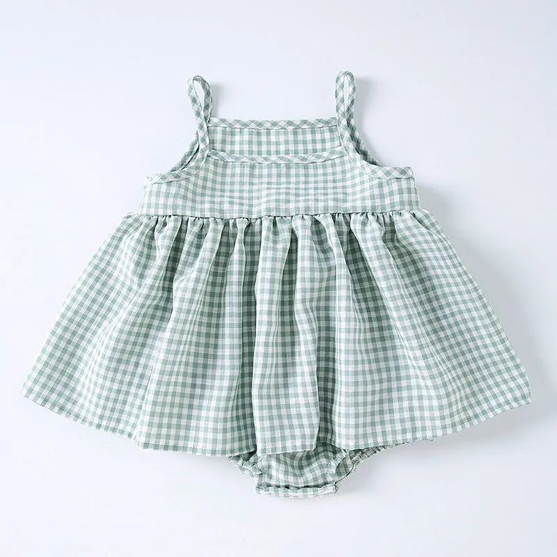Korean style baby sling romper plaid princess dress in pink and light green, polyester fabric, sizes 68-86