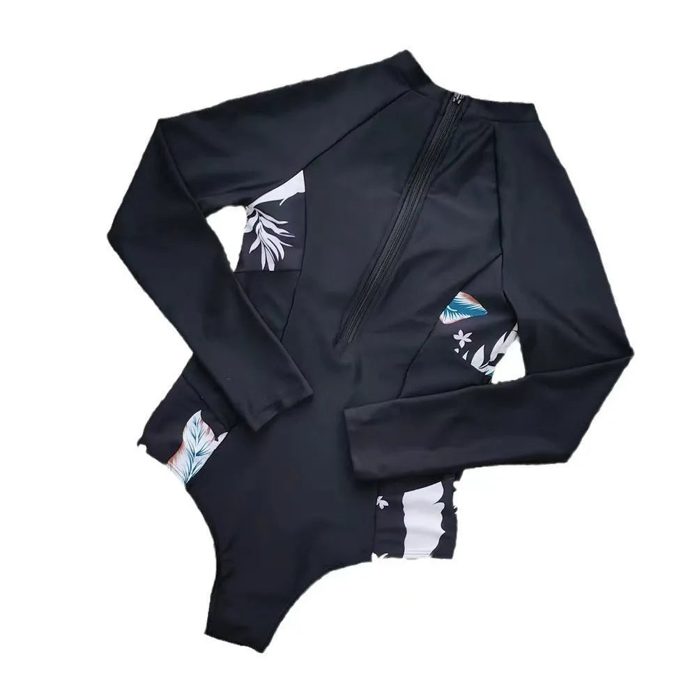 Black women's long-sleeved one-piece diving suit with printed pattern.