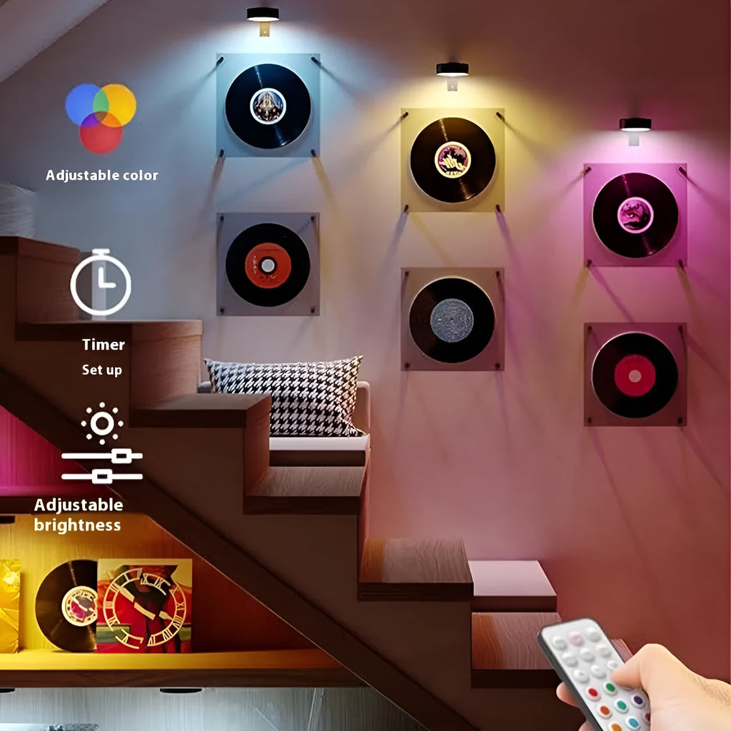 Wireless magnetic LED painting lamp with remote control in black, white or gold, showing multiple light configurations and RGB colour options