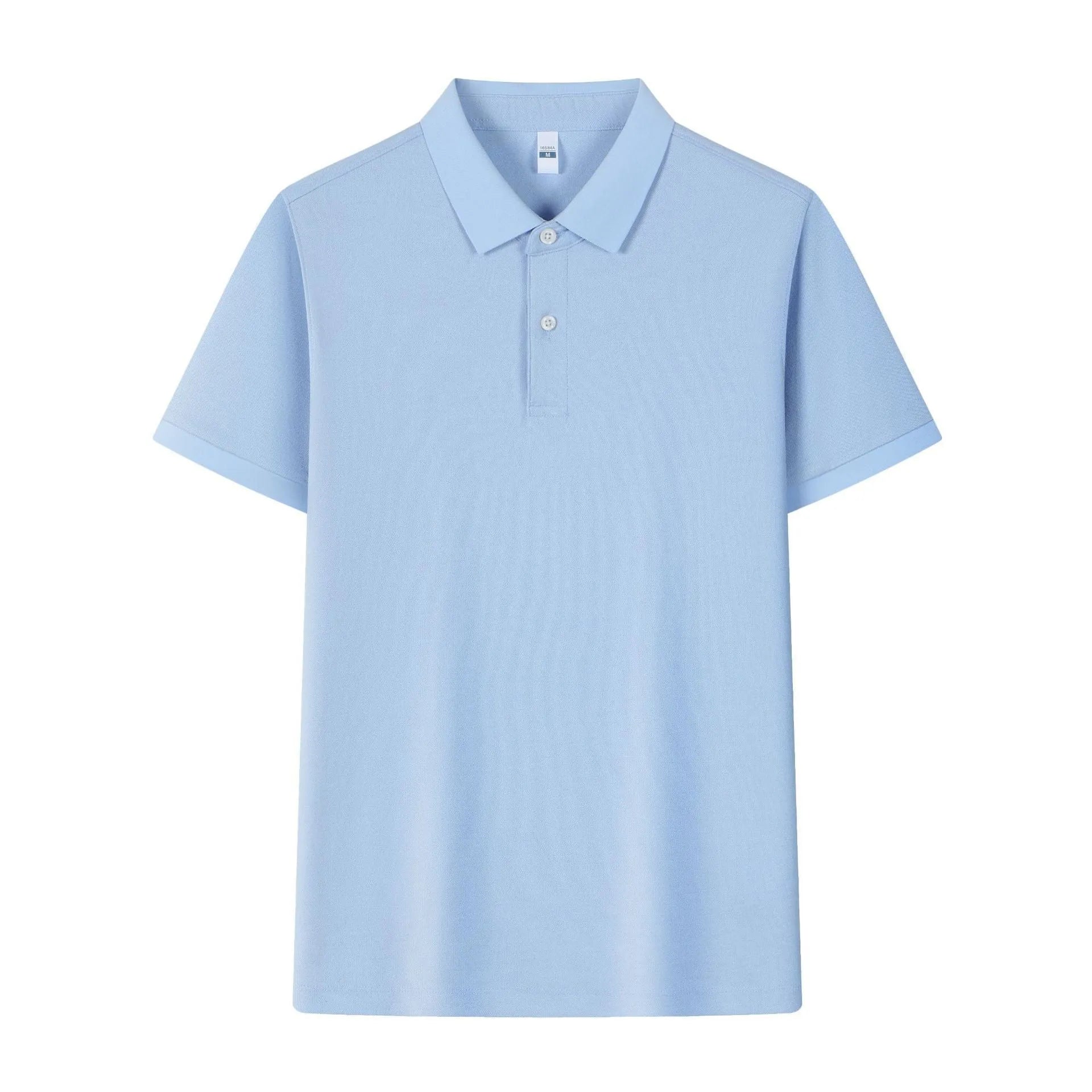 Man's light blue ice silk polo shirt with a lapel collar on a hanger.