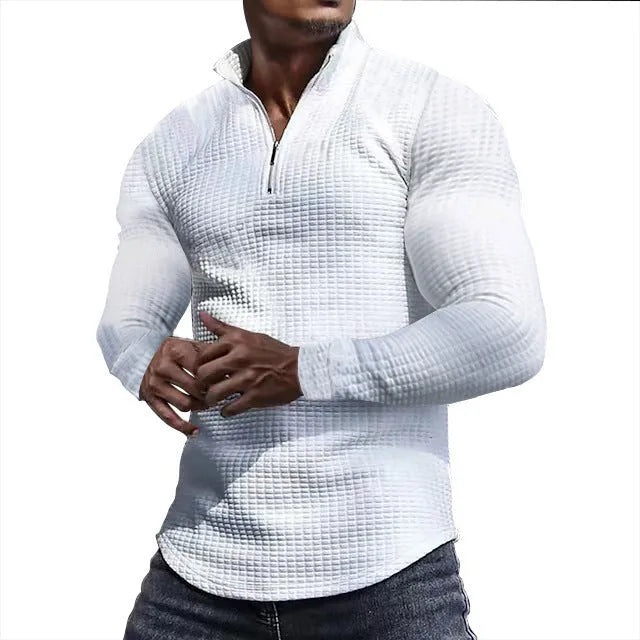 Men's stand collar half zip plaid sweater in polyester, available in multiple colours, front view