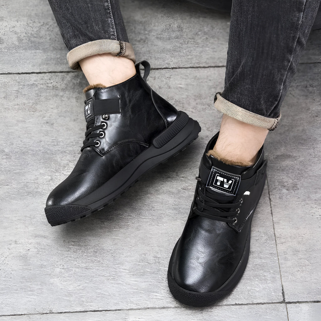 Black platform Martin Boots with velvet-style artificial PU upper and high-top design