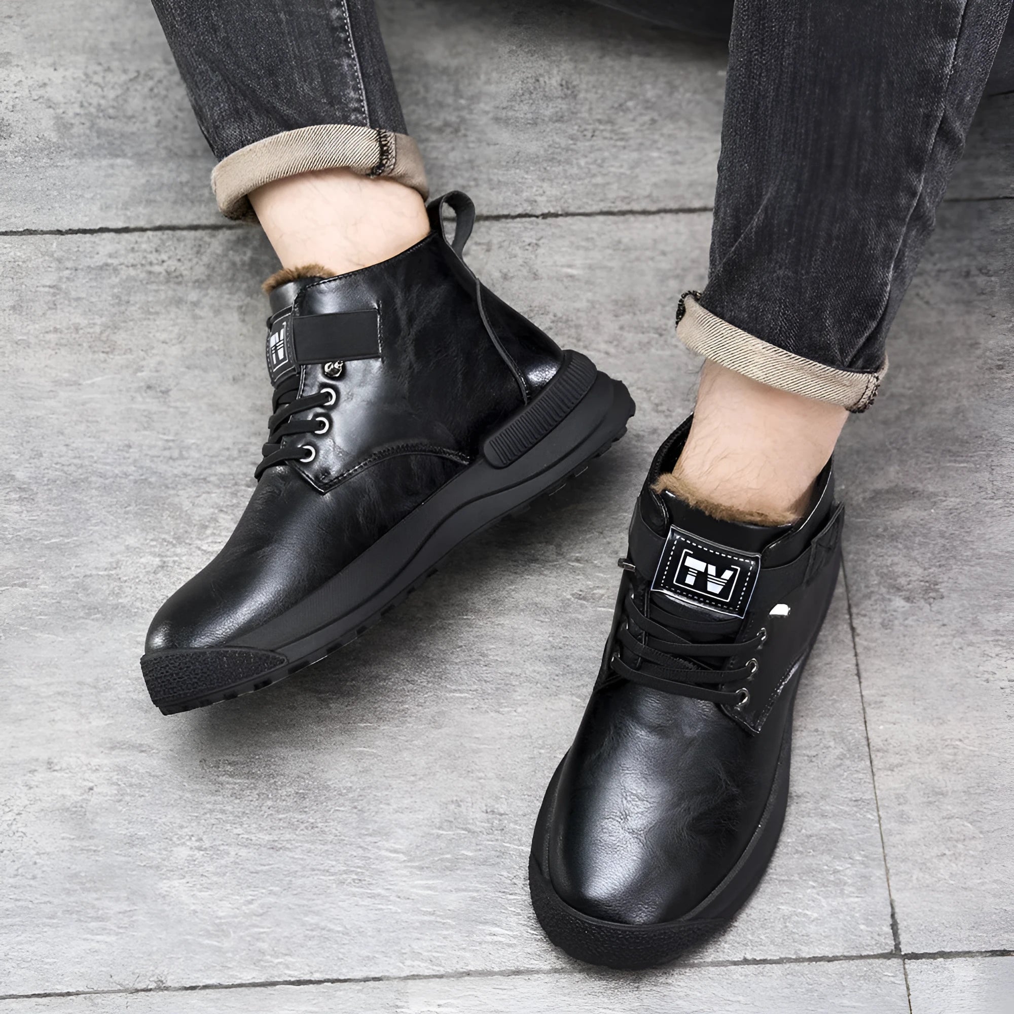 Black platform Martin Boots with velvet-style artificial PU upper and high-top design