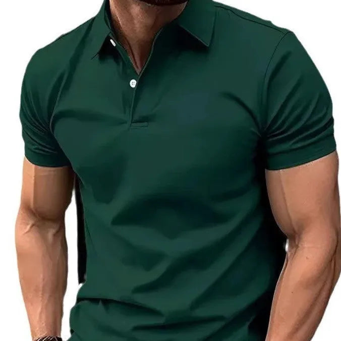 Man wearing a slim-fit solid colour short sleeve button-up casual shirt in a cotton blend fabric.