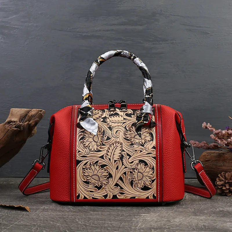 Genuine cowhide leather vintage-style messenger bag in horizontal square shape on a model.