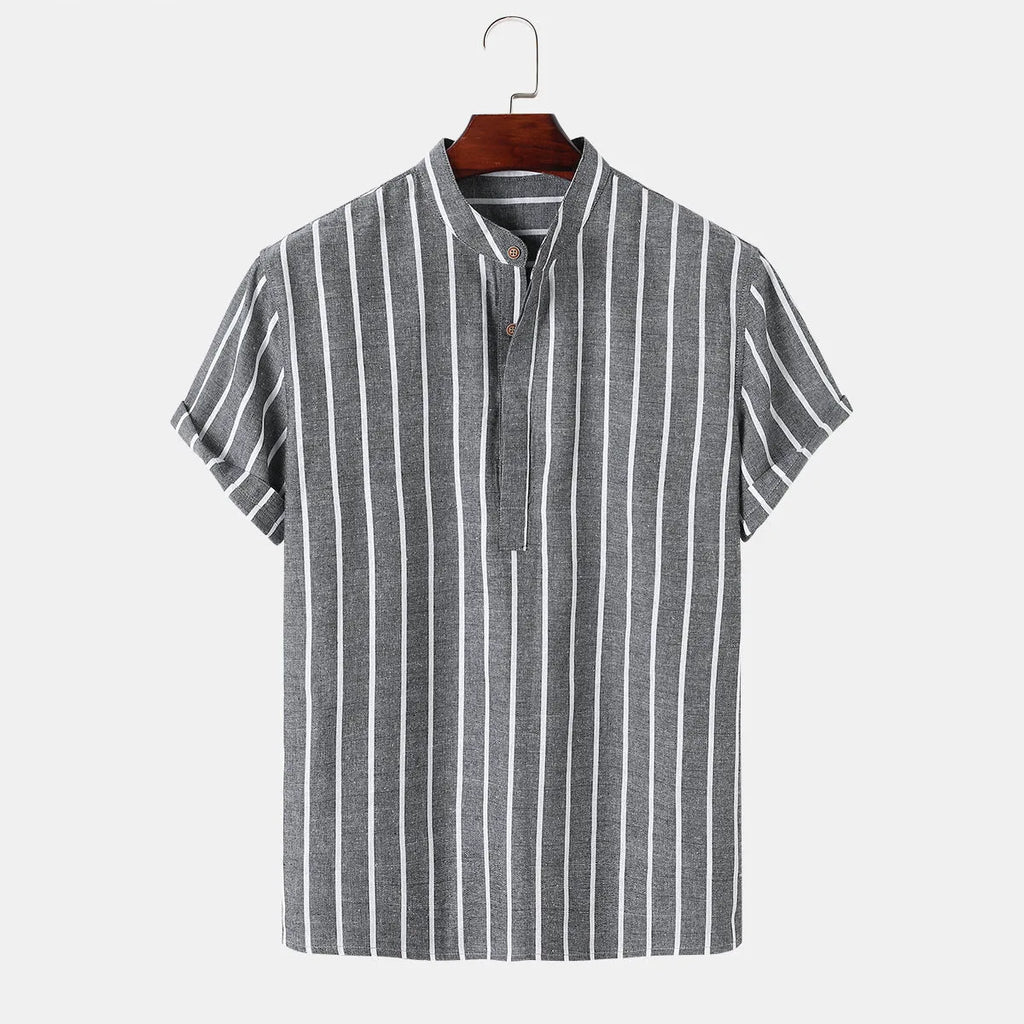 Fashion striped casual men's short sleeve cotton shirt pullover in regular fit, available in multiple colours