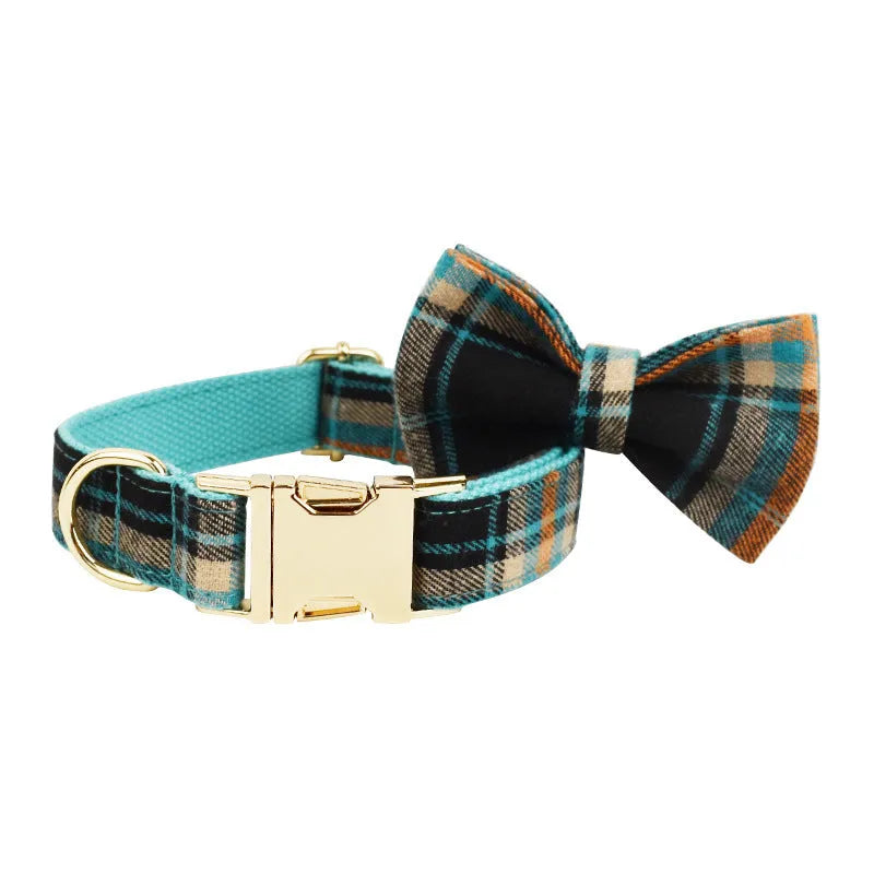 Green retro dog outfit set with collar, lead, bow tie and vest on white background