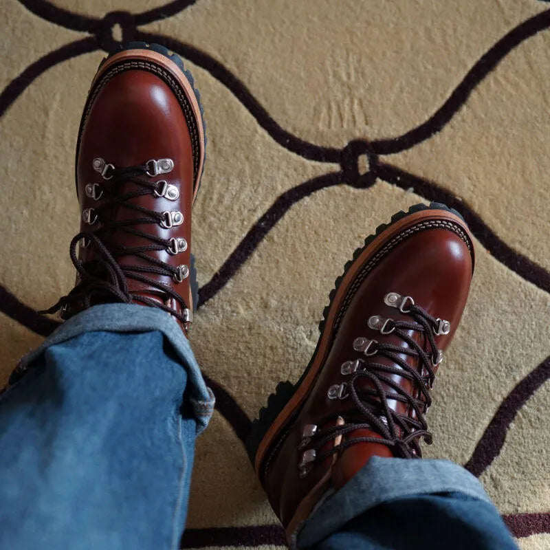 Men's brown leather lace-up city hiking boots with cowhide upper and worker boot style
