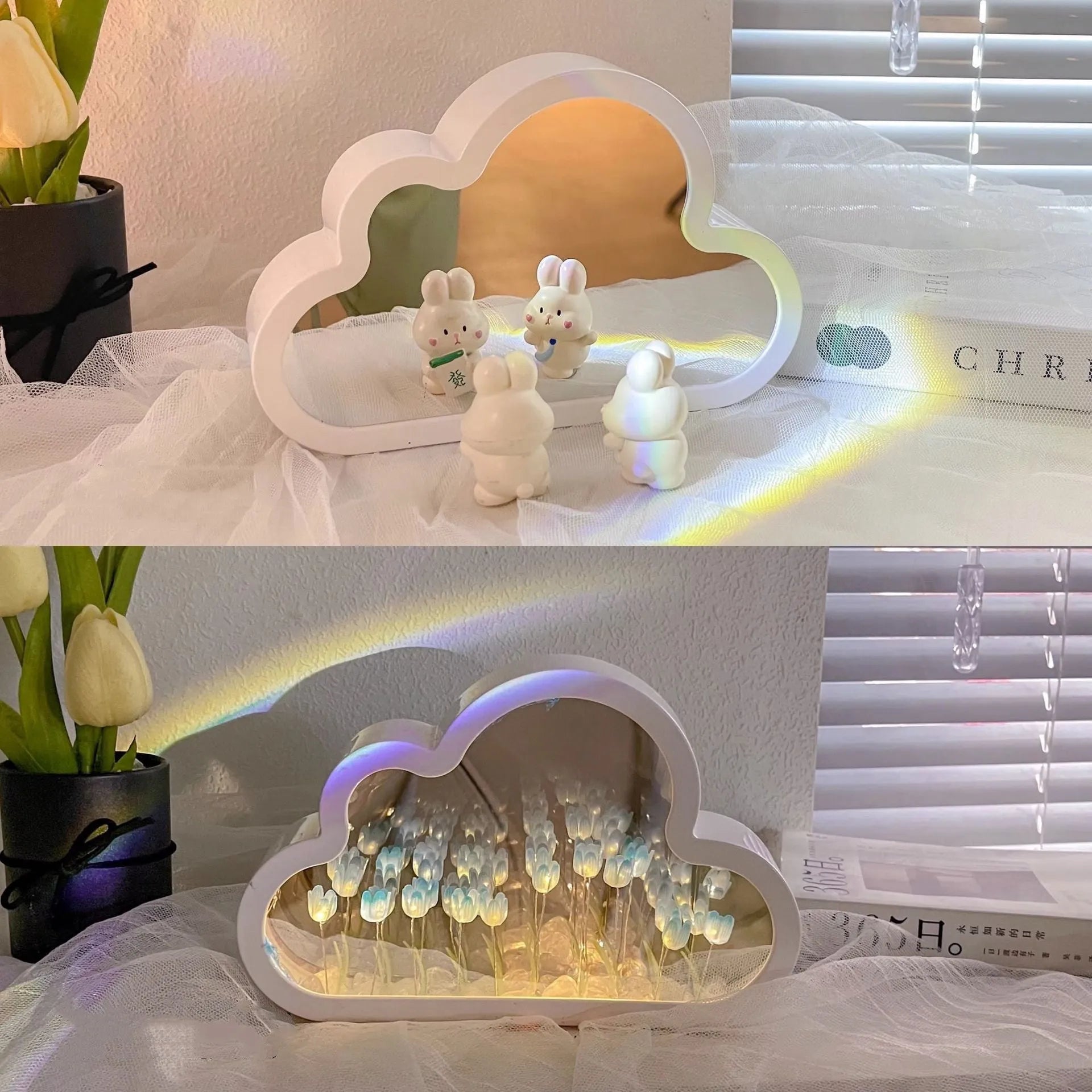DIY cloud tulip decorative night lamp with LED lights and mirror surface for bedroom or desk