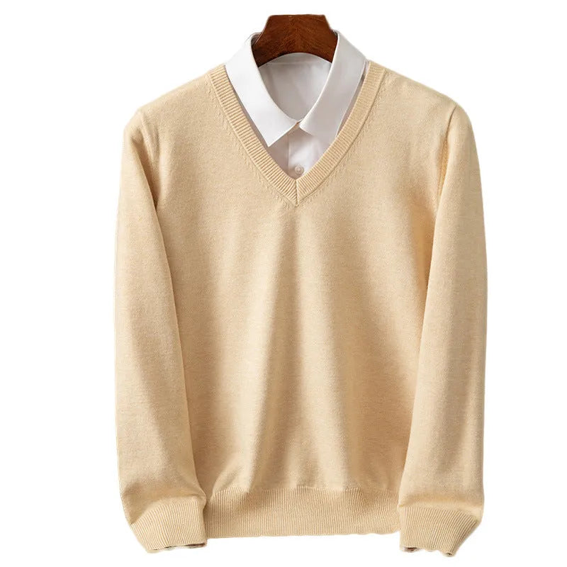 Men's V-neck knitted pullover sweater in grey, made from viscose blend fabric, with ribbed hem