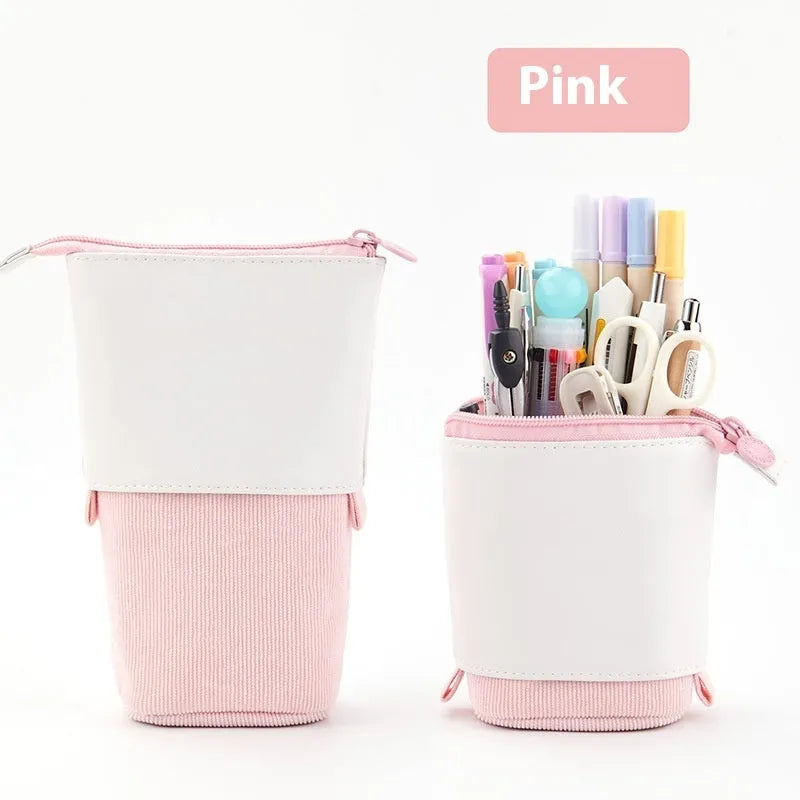 Korean-style telescopic stationery case in purple PU corduroy with drop-down expanded design