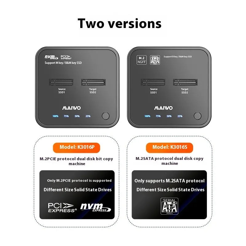 MAIWO K3016 M.2 SSD hard disk docking station with data cables and power adapter on a desk.