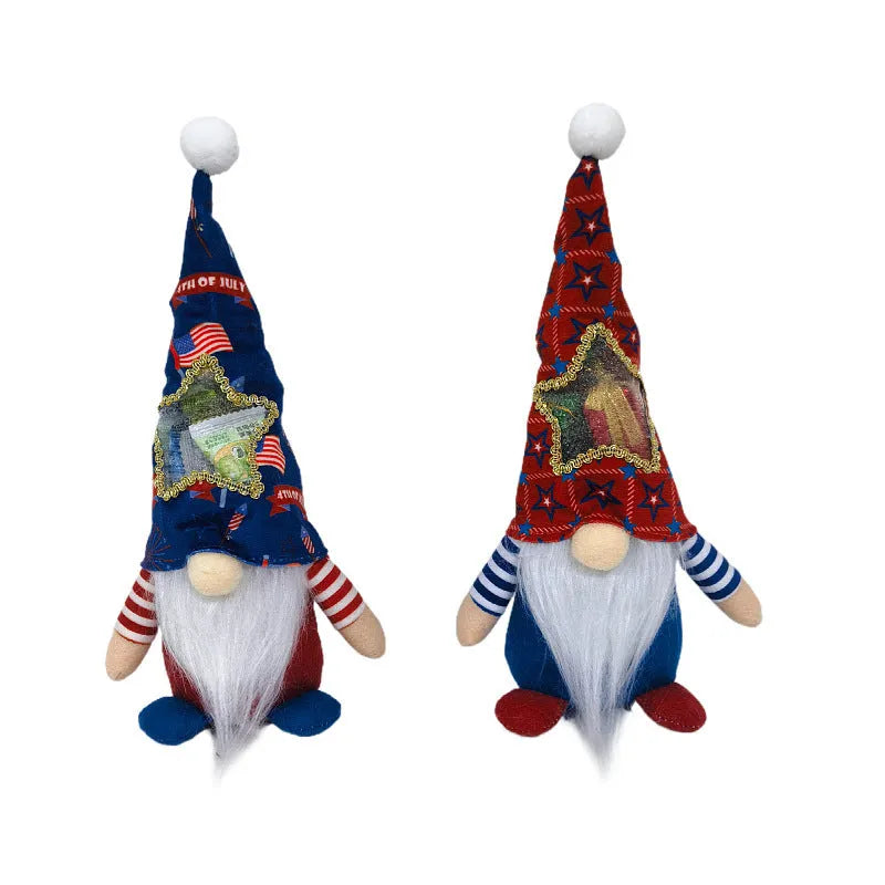 Two faceless Rudolf reindeer doll ornaments with candy bags on a festive background.