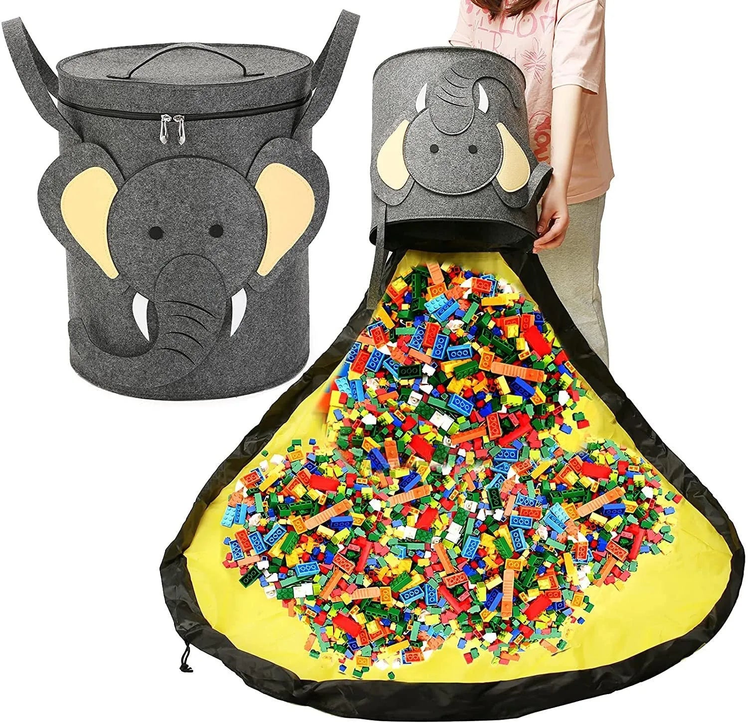 Green felt cube storage bag with pull rope closure shown as toy play mat
