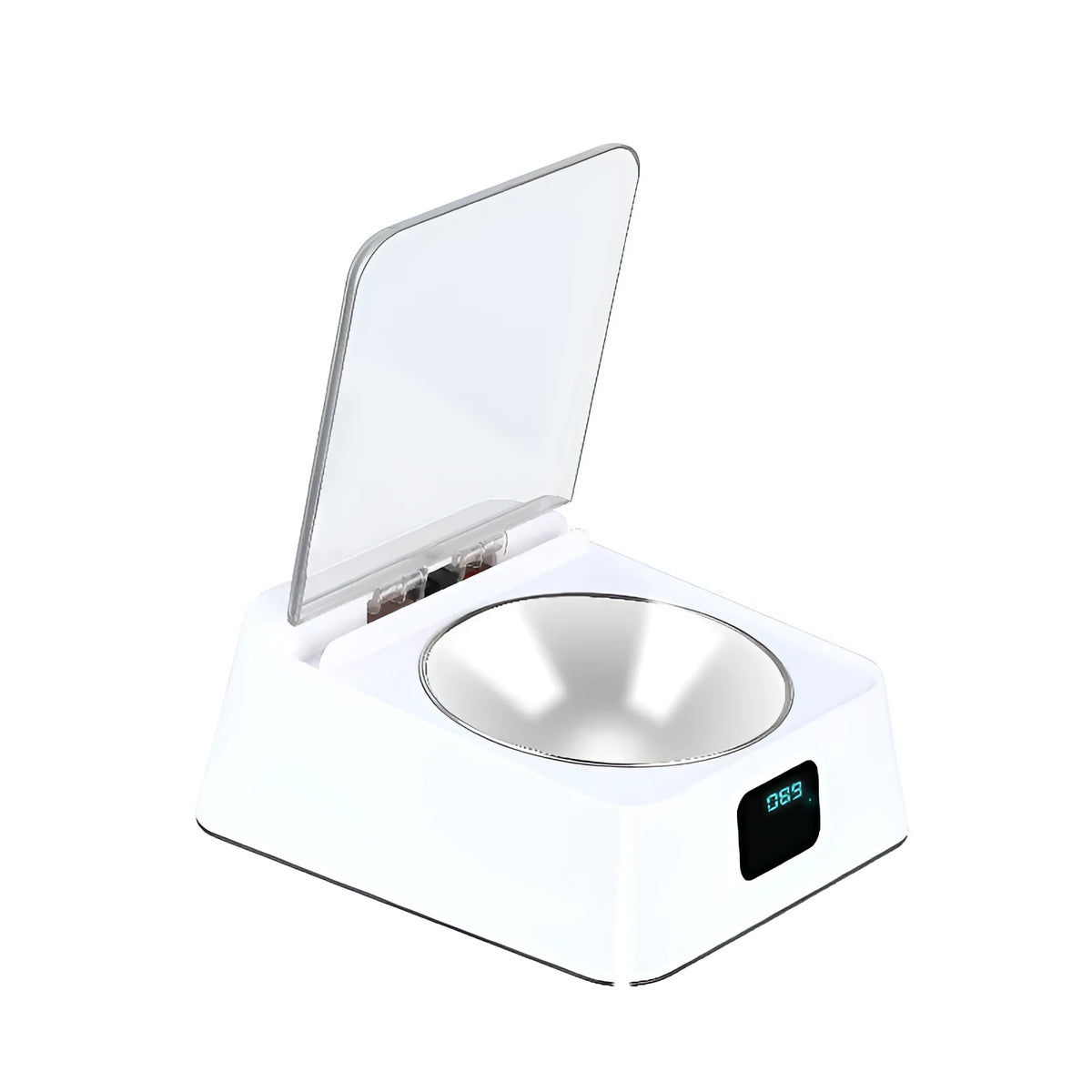 Pet 5G Bowl automatic pet feeder in white on a counter, 210x170x92mm compact size